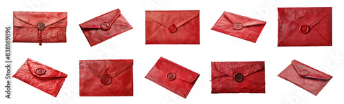 Set of red vintage envelopes with wax seals, cut out - stock png.