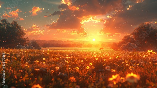 Enchanting Sunset Over a Vibrant Flower Field with Grazing Cow, Illuminating Sky and Clouds with Warm Golden Light, Ideal Nature Landscapesunset