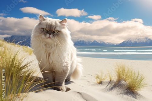 Portrait of a happy himalayan cat over serene dune landscape background