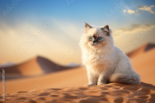 Portrait of a cute himalayan cat in serene dune landscape background