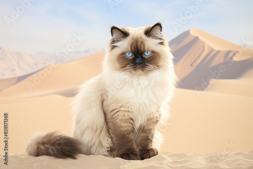 Portrait of a cute himalayan cat in front of serene dune landscape background