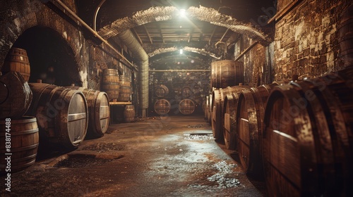 Dimly lit distillery cellar, capturing the ambiance and rich history, copy space, heritage spirit, ethereal, blend mode, historic cellar backdrop