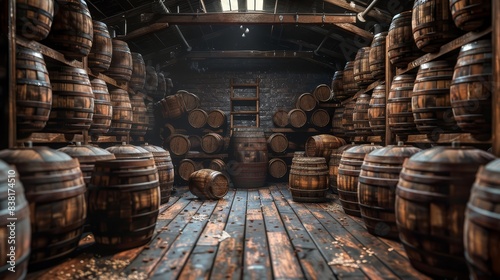 Distillery cellar with stacks of labeled whiskey barrels, emphasizing organization and quality, close up, inventory management, realistic, manipulation, warehouse backdrop