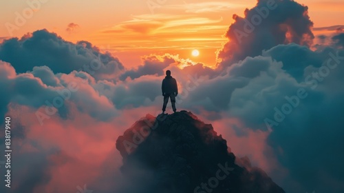 Silhouette of a man on top of a sunset mountain amid clouds.
