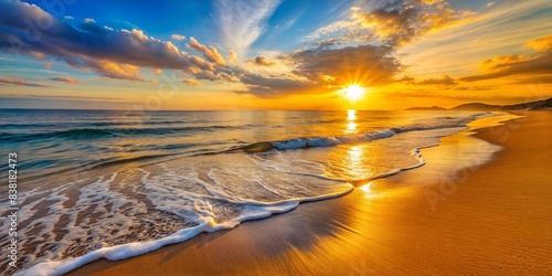 Calm beach with golden sand and gentle waves, the sun setting in the background