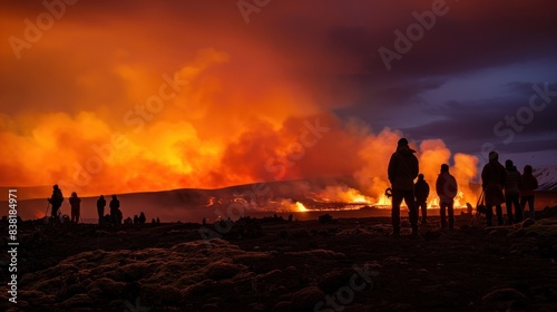 Villagers watch smoke billow as lava turns the night sky orange from a volcanic eruption on the Iceland peninsula.