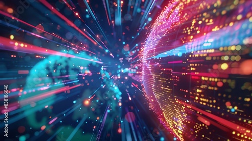 Futuristic digital marketing visuals featuring holographic elements and vivid colors, depicting worldwide connectivity and exponential online growth in a dynamic and engaging way