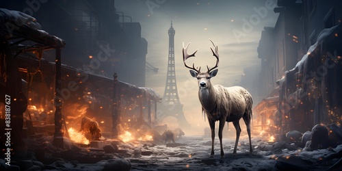 Fantasy landscape with a deer on a background of the night city