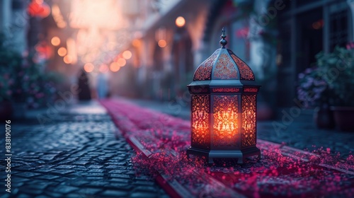 Happy Eid ul fitr background Ornamental Arabic lantern glowing - Eid Mubarak 