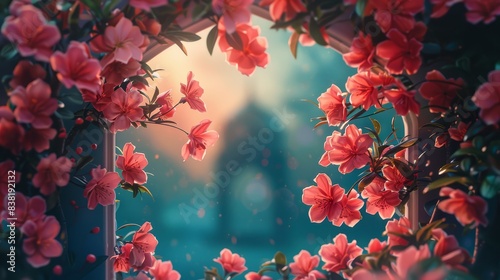 A mosque seen through a frame of blooming night jasmine close up on the flowers nature theme surreal Blend mode Floral backdrop. hyper-realistic photography