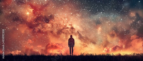 Double exposure of a night sky and a man walking