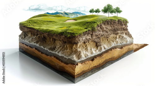 Detailed cross-section of soil layers beneath a picturesque landscape with mountains, trees, and grassy terrain. 