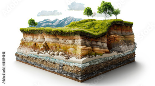 Detailed cross-section of soil layers beneath a picturesque landscape with mountains, trees, and grassy terrain. 