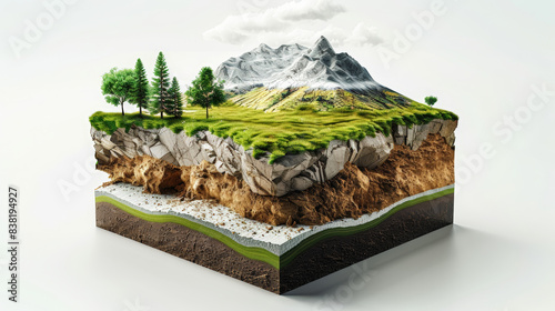 Detailed cross-section of soil layers beneath a picturesque landscape with mountains, trees, and grassy terrain. 