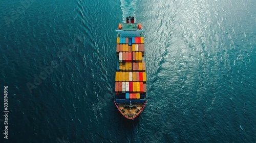 Aerial view of a container cargo ship sailing through open waters, with colorful containers neatly stacked on deck