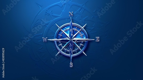 3D rendering of a compass with a blue background. The compass is made of metal and has a shiny surface.