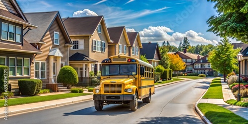Yellow school bus driving down a quiet residential street with houses and lush greenery on a sunny day