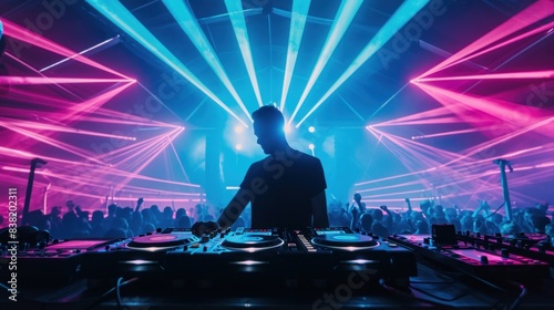 Male DJ. Young man DJ playing music. Rave Party. People are dancing. dj night club party rave with crowd in music festival. Happy people dance in nightclub DJ party concert. DJ.