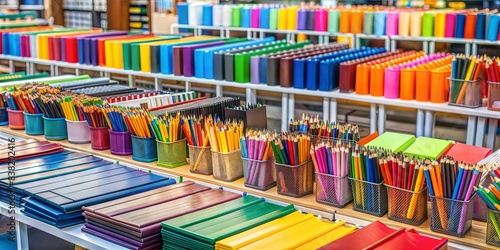 Organized and vibrant display of school supplies, with pencils, notebooks, and folders neatly arranged in a retail setting