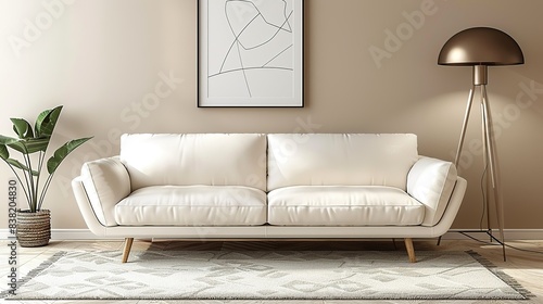 A sleek, white leather sofa positioned against a neutral-toned wall, complemented by a minimalist floor lamp with a metallic finish. shiny, Minimal and Simple,