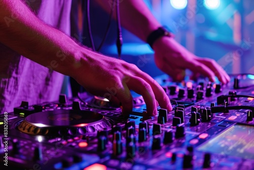 Dj's hands on Dj Remote control. Male DJ playing music. Rave Party. People are dancing. dj night club party rave with crowd in music festival. Happy people dance in nightclub DJ party concert. DJ.