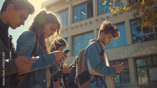 Young people using smart mobile phone device outside - Teenagers addicted to social media - College students watching smartphone in university campus - Modern technology concept