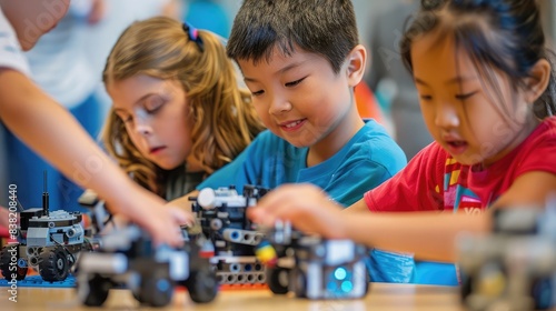 Group of children building and programming robots using LEGO Mindstorms kits, highlighting STEM education in early childhood