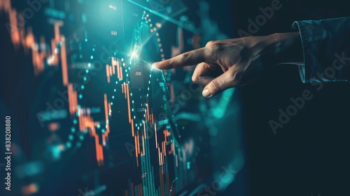 Hand of a professional investor pointing at a digital chart arrow going upwards, symbolizing investment success and profitability
