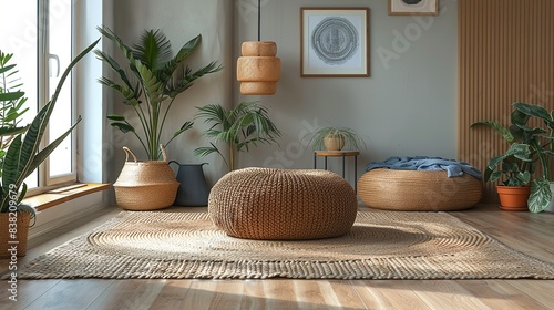 A modern pouf or floor cushion, adding a casual and comfortable seating option that complements the living room decor. shiny, Minimal and Simple,