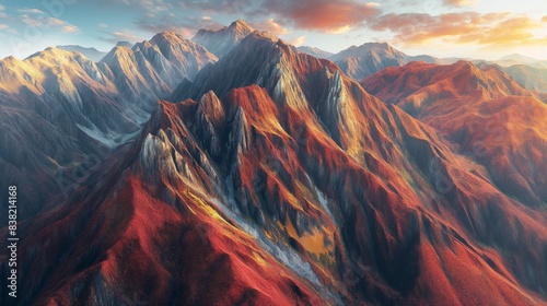 A majestic mountain range painted in hues of red, orange, and gold, with AI-guided drones capturing the breathtaking vista from above.