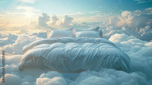 a soft bed with white sheets and pillows floating above the fluffy clouds
