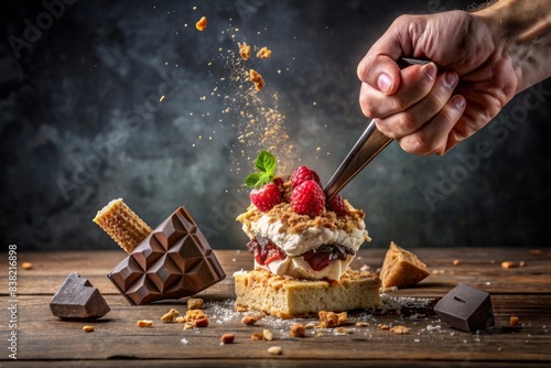 Hand smashing and destroying a delicious dessert for a change in diet theme , food, dessert, unhealthy, healthy, diet, temptation, destruction, change, concept, lifestyle, choice, smashed