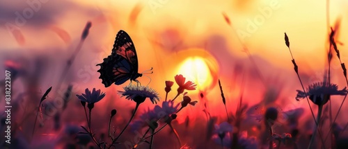 Butterfly and Sunset A silhouette of a butterfly on a wildflower against a vibrant sunset backdrop