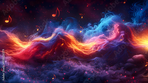Dynamic abstract waves in vibrant colors with floating music notes, representing musical flow and energy in a digital art style