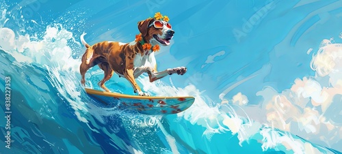 Great Dane Jack Russell surfing on a wave, on the ocean sea on summer vacation, with cool sunglasses and a flower chain. 
