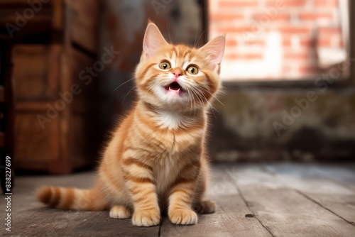 Portrait of a smiling munchkin cat on empty modern loft background