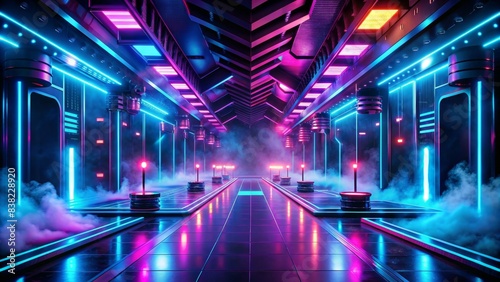 Futuristic landscape with runway, neon lamps, and smoke in a Sci-Fi nightclub setting, landscape, runway, neon lamps, smoke, futuristic, Sci-Fi, technology, fluorescent, nightclub, render