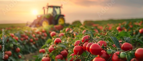Tractor in tomato field at sunrise, vibrant red tomatoes, agricultural scene