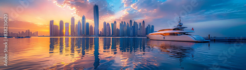 Yacht on calm water with modern city skyline at sunset, serene