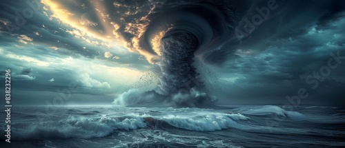 Dramatic ocean storm with a powerful tornado, dark ominous clouds, and turbulent waves, creating a striking and intense natural scene.
