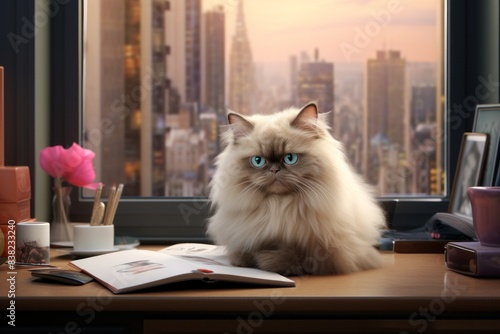 Portrait of a funny himalayan cat in stylized simple home office background