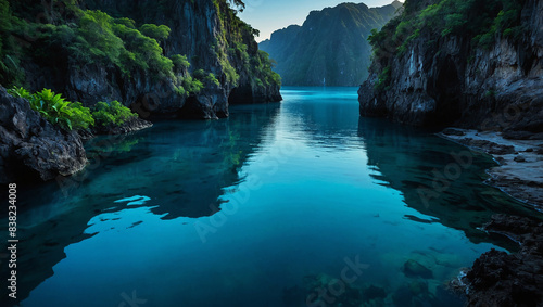  A hidden lagoon lies nestled amidst towering cliffs draped with lush greenery. The water here possesses an otherworldly quality, a radiant azure hue that seems to glow from within