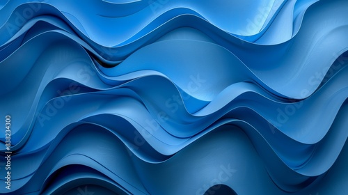 A 3D render of an abstract modern blue background with folded cloth macro, and a fashion wallpaper with wavy layers and ruffles.