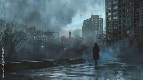 Show a lone figure, back turned, in a deserted urban landscape, emphasizing isolation and introspection, using digital art with dramatic lighting and angles