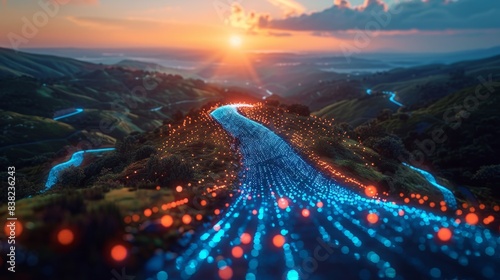 Scenic view of advanced AI monitoring renewable energy grids with vibrant blue and orange lights flowing through green hills at sunset.