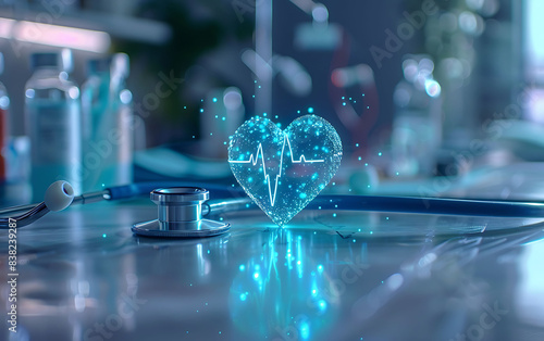 Heart-shaped EKG device with stethoscope on blue backdrop