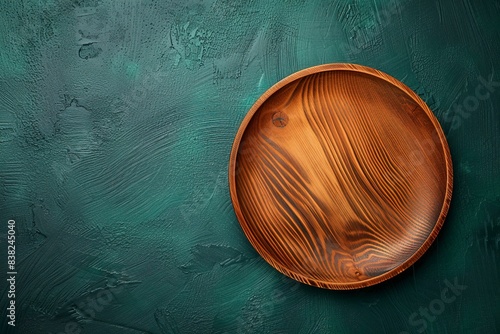 top view flat lay circle round natural wooden plate texture on dark green with copy space background. generative ai