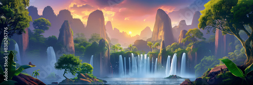 Jungle waterfall landscape at sunrise isolation background, Illustration.