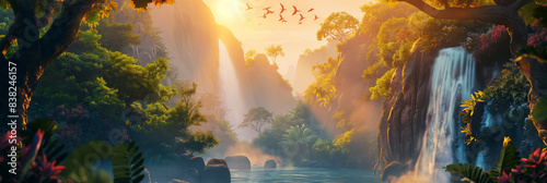 Jungle waterfall landscape at sunrise isolation background, Illustration.