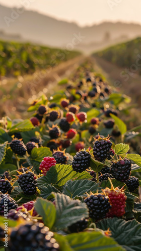 A field of blackberries with a mountain in the background